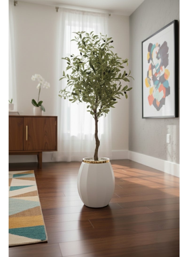 Artificial olive tree for decoration with a luxurious white pot with a gold rim - a natural-looking artificial plant for home, office, and salon. Excellent quality (120 cm) - Image 2